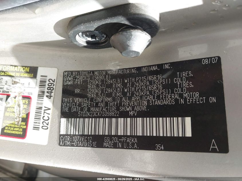 2007 Toyota Sienna Le VIN: 5TDZK23CX7S098822 Lot: 42980825