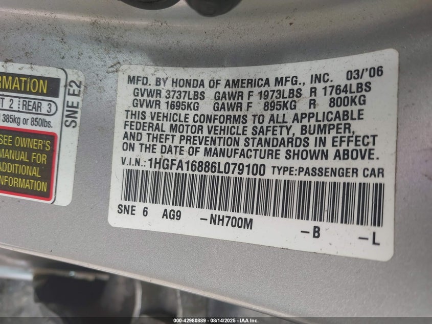 2006 Honda Civic Ex VIN: 1HGFA16886L079100 Lot: 42980889
