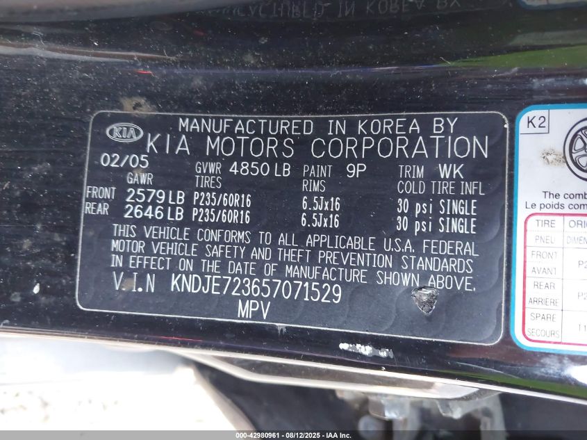 2005 Kia Sportage Ex V6/Lx V6 VIN: KNDJE723657071529 Lot: 42980961