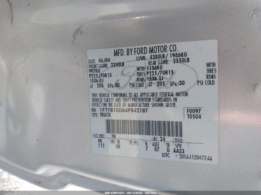 2004 Ford Ranger Xl/Xlt VIN: 1FTYR10D64PB42187 Lot: 42981031