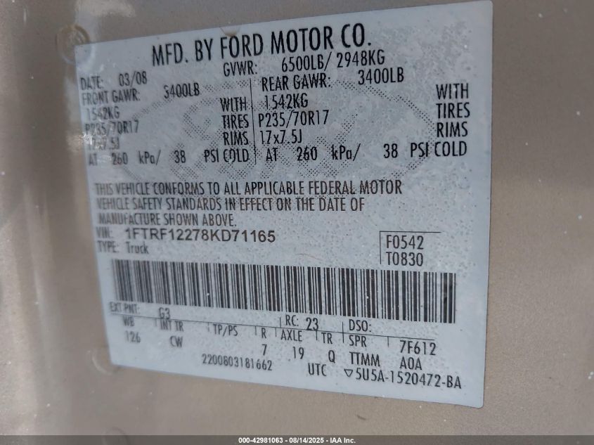 2008 Ford F-150 Stx/Xl/Xlt VIN: 1FTRF12278KD71165 Lot: 42981063