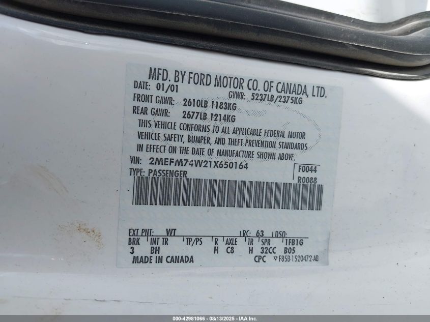 2001 Mercury Grand Marquis Gs VIN: 2MEFM74W21X650164 Lot: 42981066