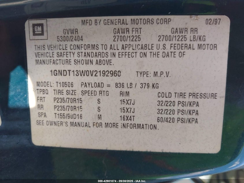 1997 Chevrolet Blazer Lt VIN: 1GNDT13W0V2192960 Lot: 42981074