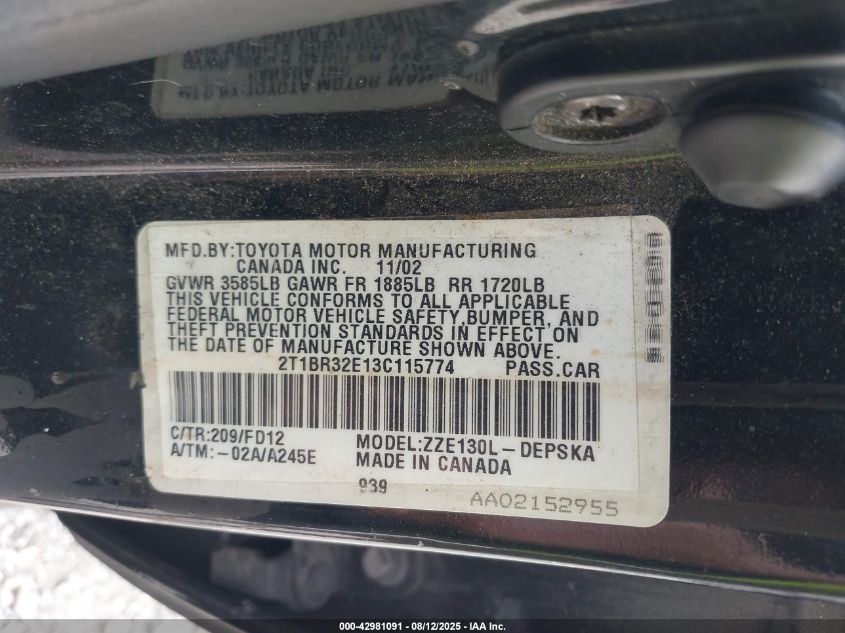 2003 Toyota Corolla S VIN: 2T1BR32E13C115774 Lot: 42981091