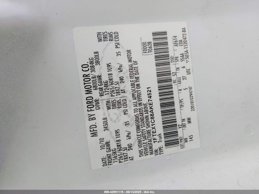 2010 Ford F-150 Fx2 Sport/Stx/Xl/Xlt VIN: 1FTEX1C88AKE74521 Lot: 42981115