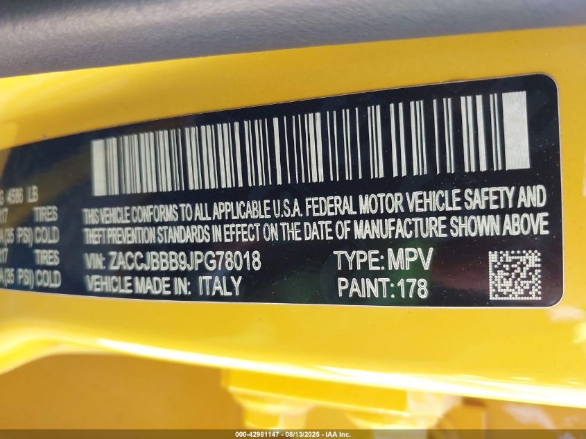2018 Jeep Renegade Latitude 4X4 VIN: ZACCJBBB9JPG78018 Lot: 42981147