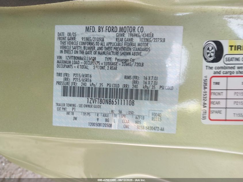 2006 Ford Mustang V6 VIN: 1ZVFT80N865111108 Lot: 42981308