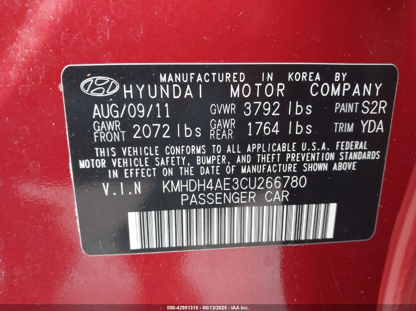 2012 Hyundai Elantra Limited (Ulsan Plant) VIN: KMHDH4AE3CU266780 Lot: 42981315