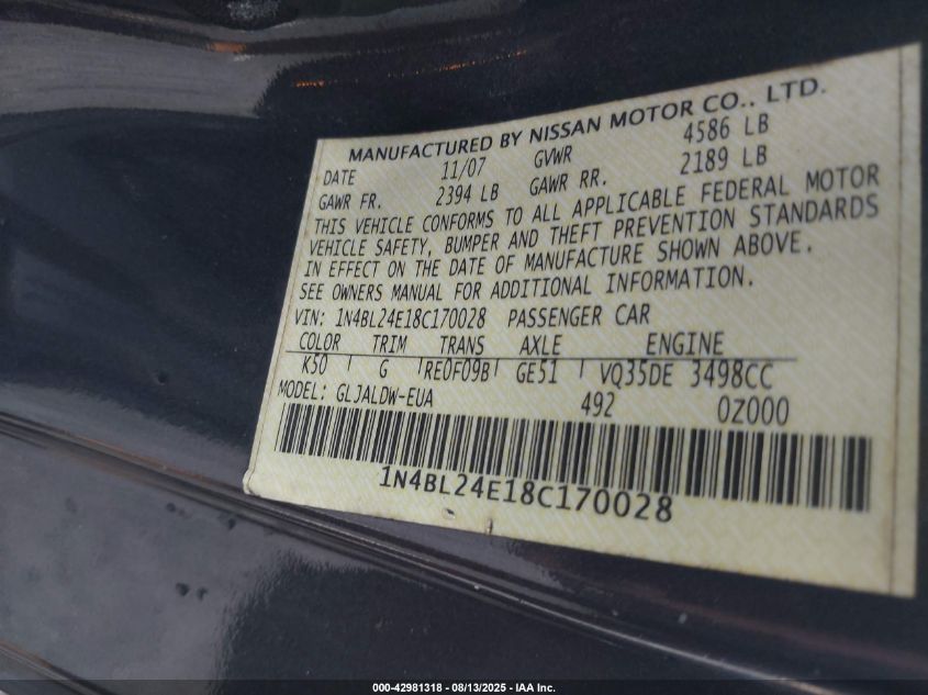 2008 Nissan Altima 3.5 Se VIN: 1N4BL24E18C170028 Lot: 42981318
