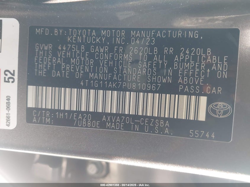 2023 Toyota Camry Se VIN: 4T1G11AK7PU810967 Lot: 42981358