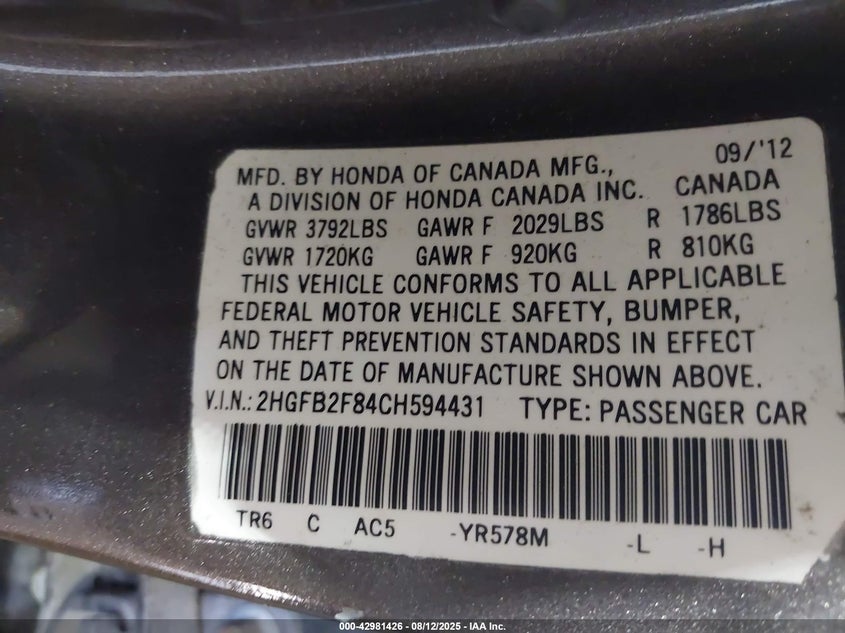 2012 Honda Civic Ex VIN: 2HGFB2F84CH594431 Lot: 42981426