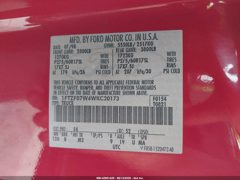 1998 Ford F-150 Lariat/Xl/Xlt VIN: 1FTZF07W4WKC20173 Lot: 42981429