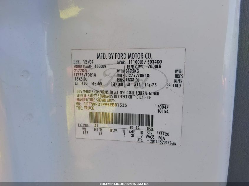 2005 Ford F-350 Xl/Xlt VIN: 1FTWF31P95EB81535 Lot: 42981446