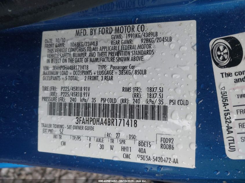 2011 Ford Fusion Se VIN: 3FAHP0HA4BR171418 Lot: 42981452