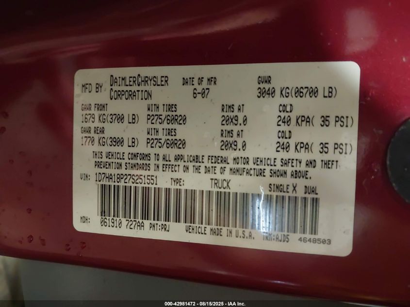 2007 Dodge Ram 1500 Slt VIN: 1D7HA18P27S251551 Lot: 42981472
