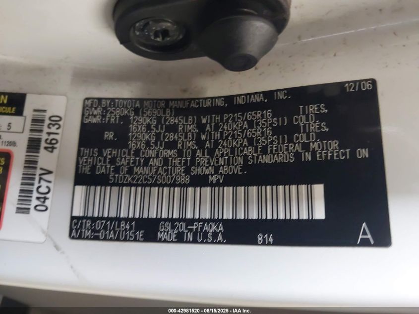 2007 Toyota Sienna Xle VIN: 5TDZK22C57S007988 Lot: 42981520