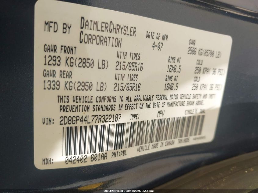 2007 Dodge Grand Caravan Sxt VIN: 2D8GP44L77R322187 Lot: 42981668