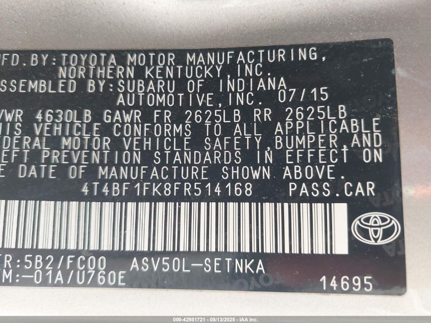 2015 Toyota Camry Le VIN: 4T4BF1FK8FR514168 Lot: 42981721