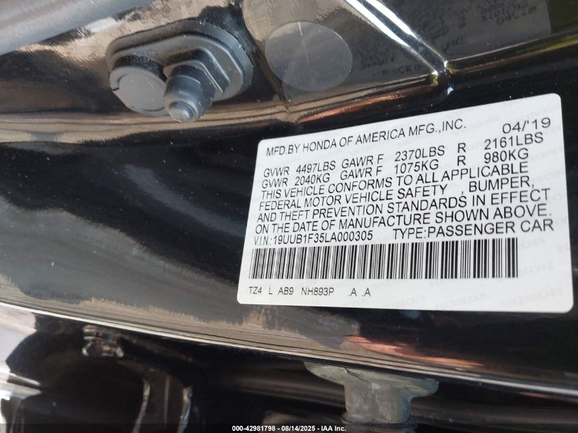 2020 Acura Tlx Standard VIN: 19UUB1F35LA000305 Lot: 42981798