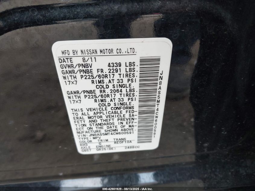 2012 Nissan Rogue Sv VIN: JN8AS5MT4CW600591 Lot: 42981929