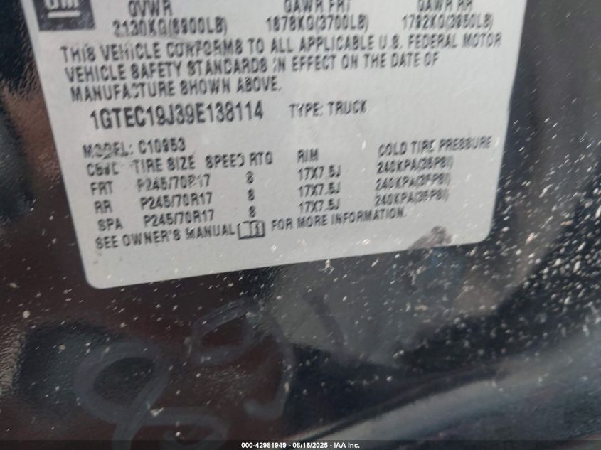 2009 GMC Sierra 1500 Work Truck VIN: 1GTEC19J39E138114 Lot: 42981949
