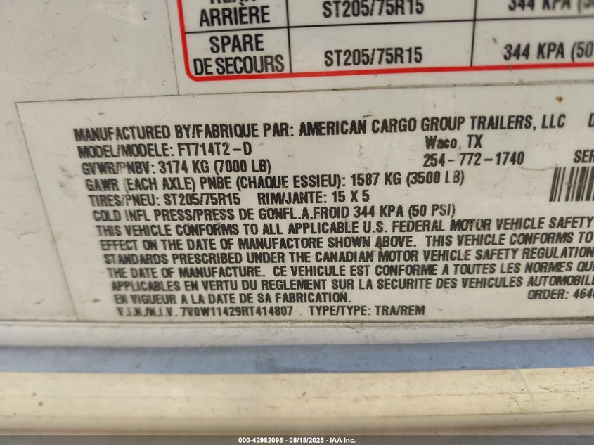 2024 AMERICAN CARGO GRP INC UNKNOWN (VIN: 7V0W11429RT414807