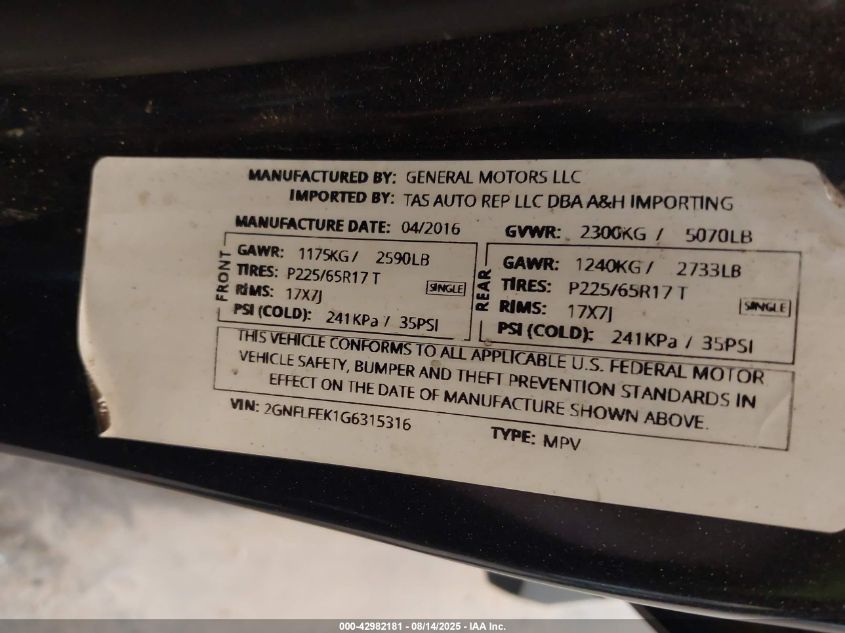 2016 Chevrolet Equinox Lt VIN: 2GNFLFEK1G6315316 Lot: 42982181