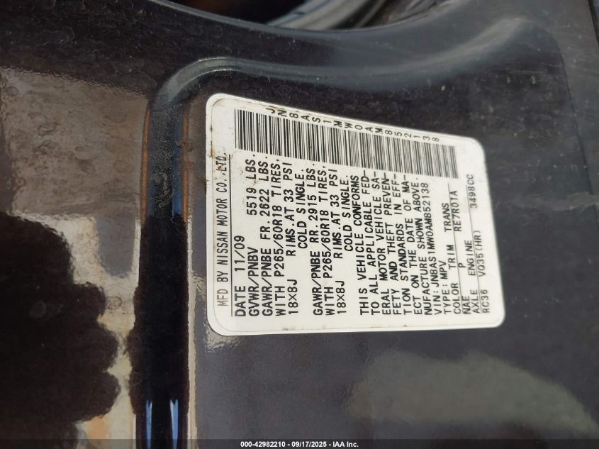 2010 Infiniti Fx35 VIN: JN8AS1MW0AM852138 Lot: 42982210