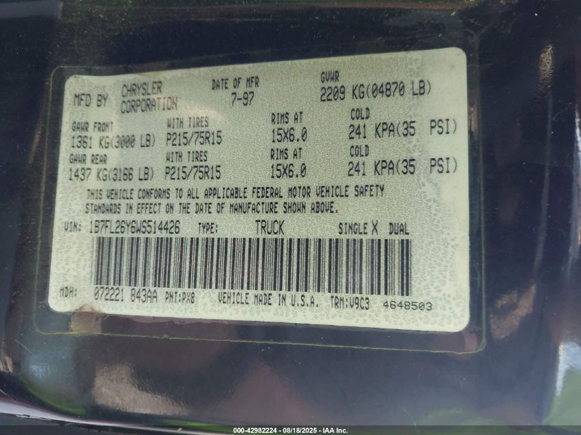 1998 Dodge Dakota Slt/Sport VIN: 1B7FL26Y6WS514426 Lot: 42982224