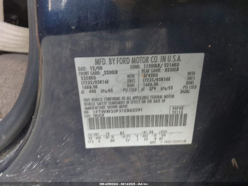 2001 Ford F-350 Lariat/Xl/Xlt VIN: 1FTWW33F31EB62591 Lot: 42982242