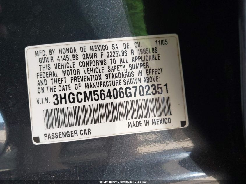 2006 Honda Accord 2.4 Lx VIN: 3HGCM56406G702351 Lot: 42982323