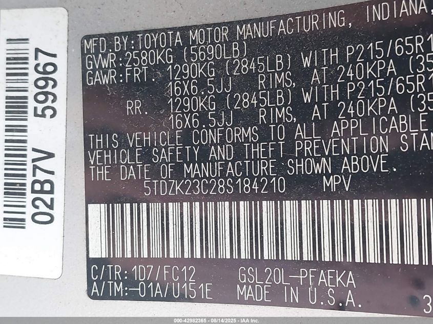 2008 Toyota Sienna Le VIN: 5TDZK23C28S184210 Lot: 42982365