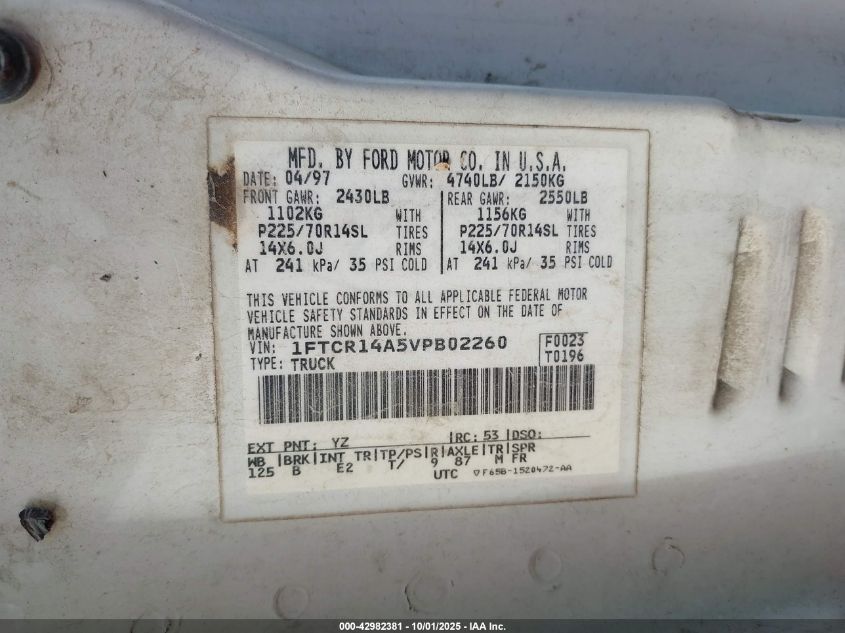 1997 Ford Ranger Xl/Xlt VIN: 1FTCR14A5VPB02260 Lot: 42982381