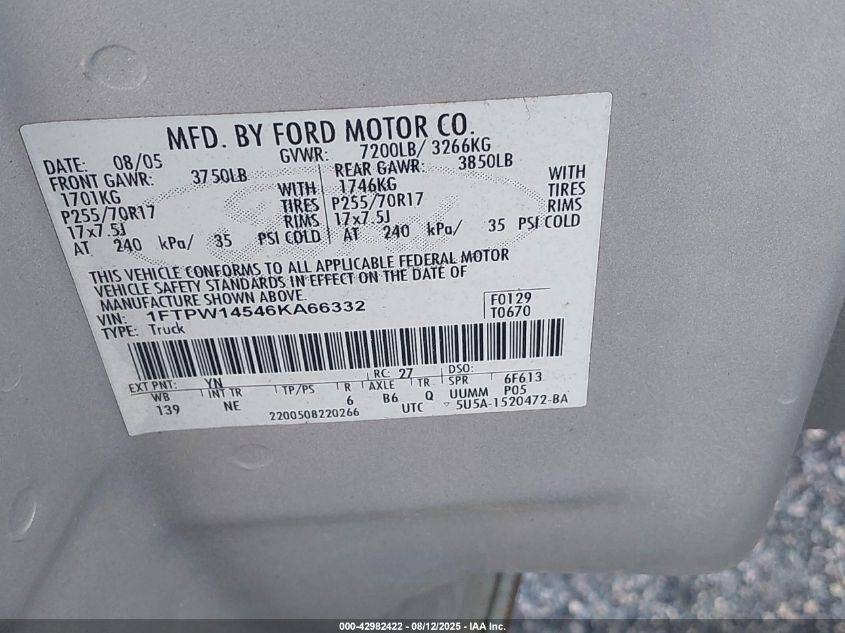 2006 Ford F-150 Fx4/Lariat/Xlt VIN: 1FTPW14546KA66332 Lot: 42982422