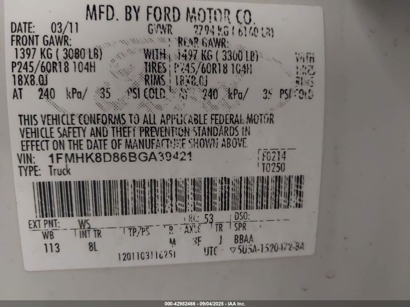 2011 Ford Explorer Xlt VIN: 1FMHK8D86BGA39421 Lot: 42982466