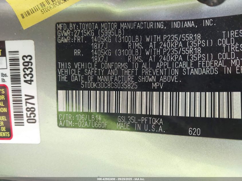 2012 Toyota Sienna Xle 7 Passenger VIN: 5TDDK3DC8CS035825 Lot: 42982498