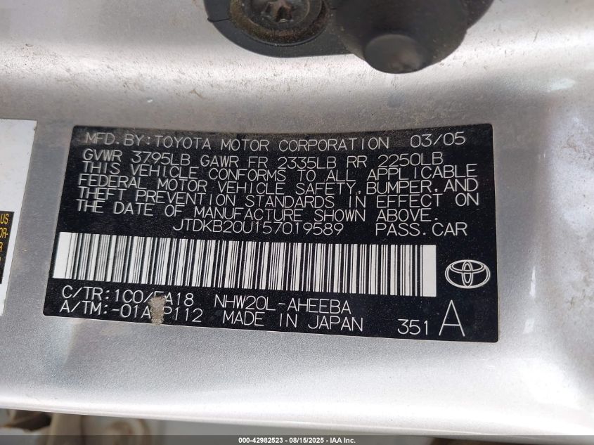 2005 Toyota Prius VIN: JTDKB20U157019589 Lot: 42982523