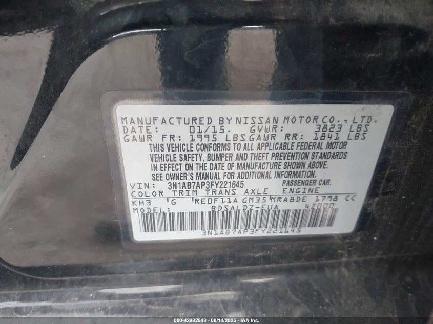 2015 NISSAN SENTRA FE+ S/S/SL/SR/SV 3N1AB7AP3FY221645