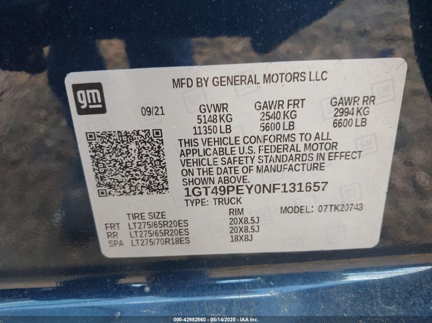 2022 GMC Sierra 2500Hd 4Wd Standard Bed At4 VIN: 1GT49PEY0NF131657 Lot: 42982560