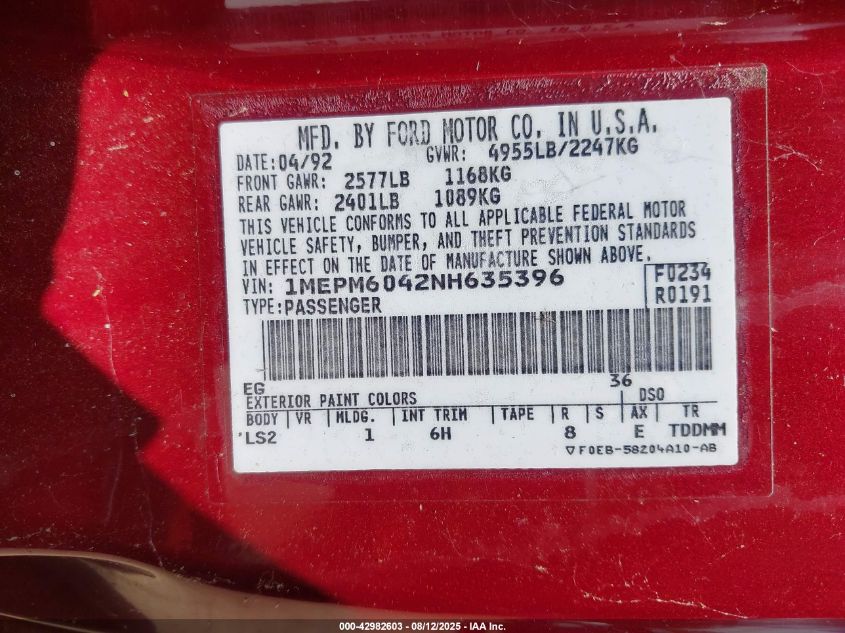 1992 Mercury Cougar Ls VIN: 1MEPM6042NH635396 Lot: 42982603