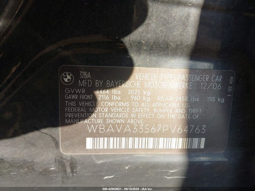 2007 BMW 328I VIN: WBAVA33567PV64763 Lot: 42982621