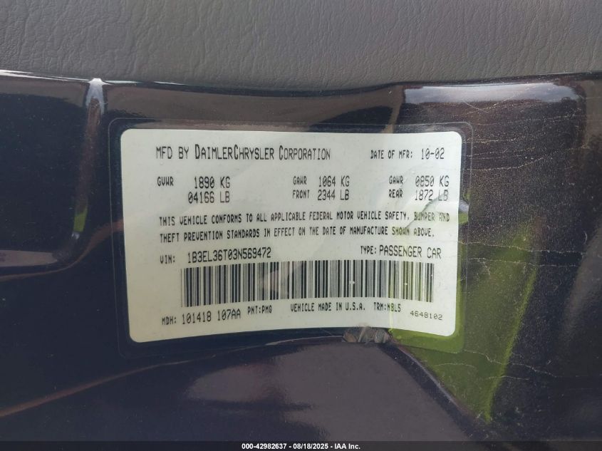2003 Dodge Stratus Se VIN: 1B3EL36T03N569472 Lot: 42982637