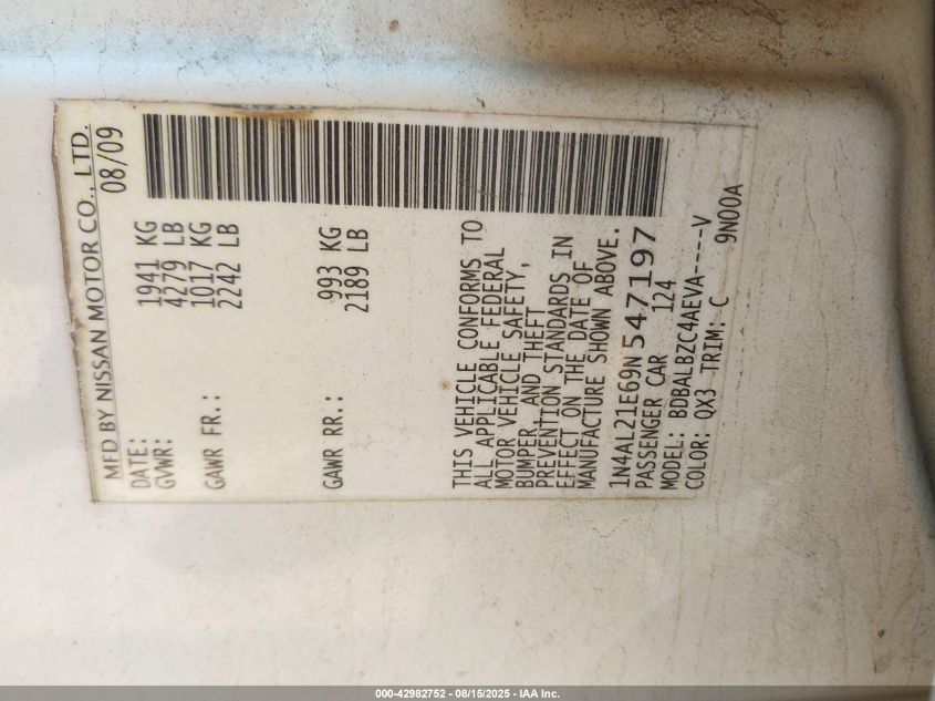 2009 Nissan Altima 2.5 S VIN: 1N4AL21E69N547197 Lot: 42982752