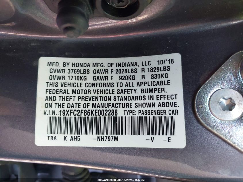 2019 Honda Civic Sport VIN: 19XFC2F86KE002288 Lot: 42982808