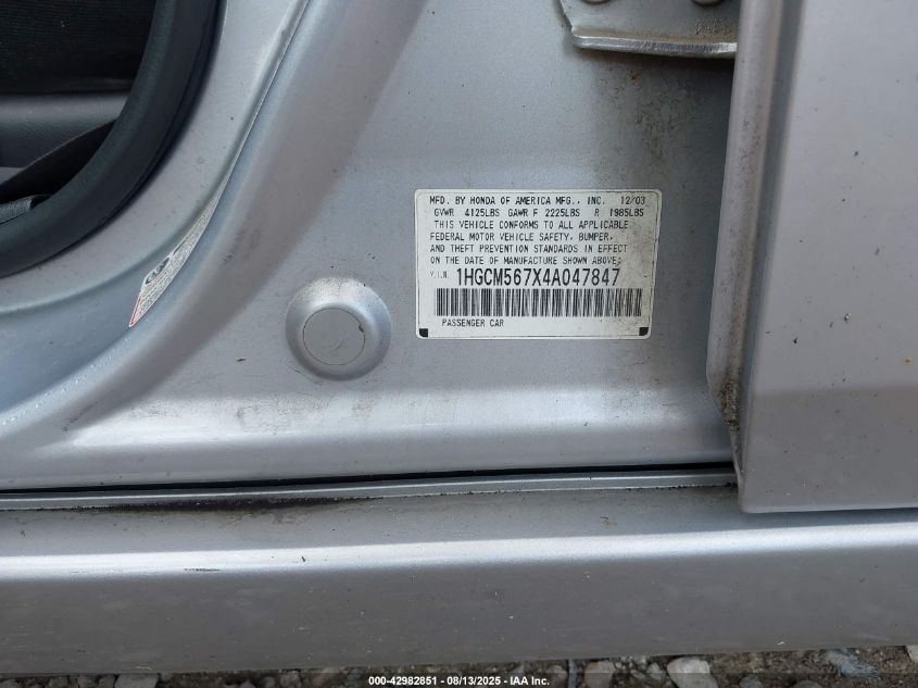 2004 Honda Accord 2.4 Ex VIN: 1HGCM567X4A047847 Lot: 42982851