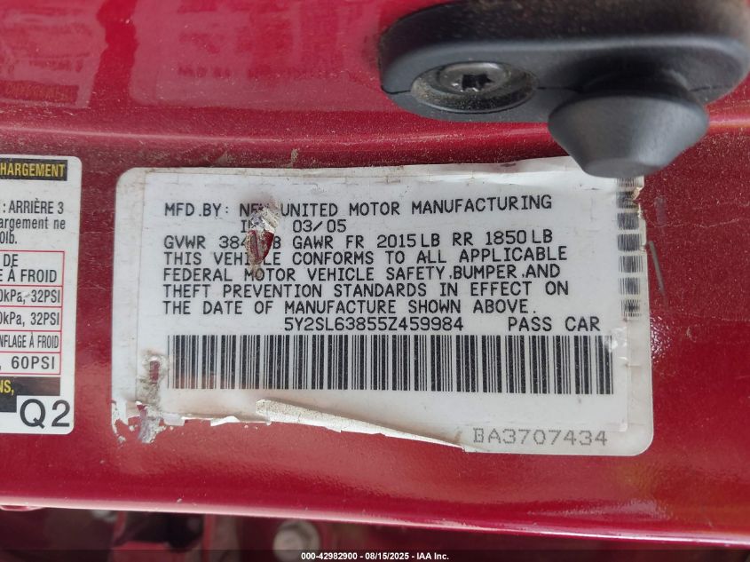 2005 Pontiac Vibe VIN: 5Y2SL63855Z459984 Lot: 42982900