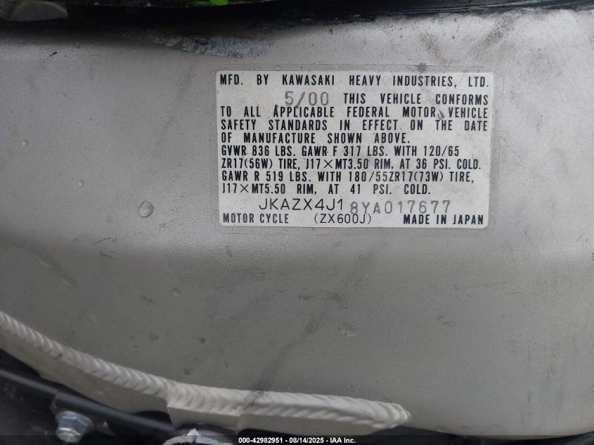 2000 Kawasaki Zx600 J1 VIN: JKAZX4J18YA017277 Lot: 42982951