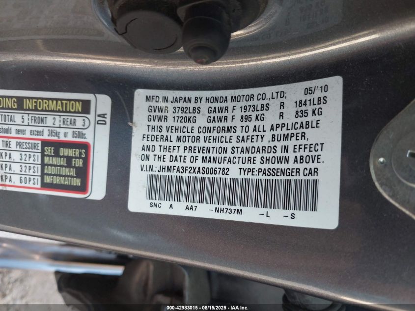2010 Honda Civic Hybrid VIN: JHMFA3F2XAS006782 Lot: 42983015