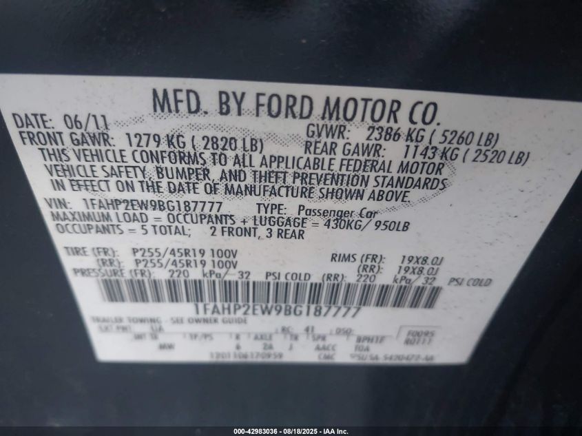 2011 Ford Taurus Sel VIN: 1FAHP2EW9BG187777 Lot: 42983036