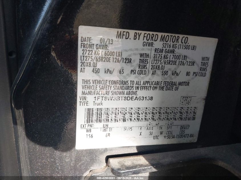 2013 Ford F-350 Lariat VIN: 1FT8W3BT8DEA63138 Lot: 42983083